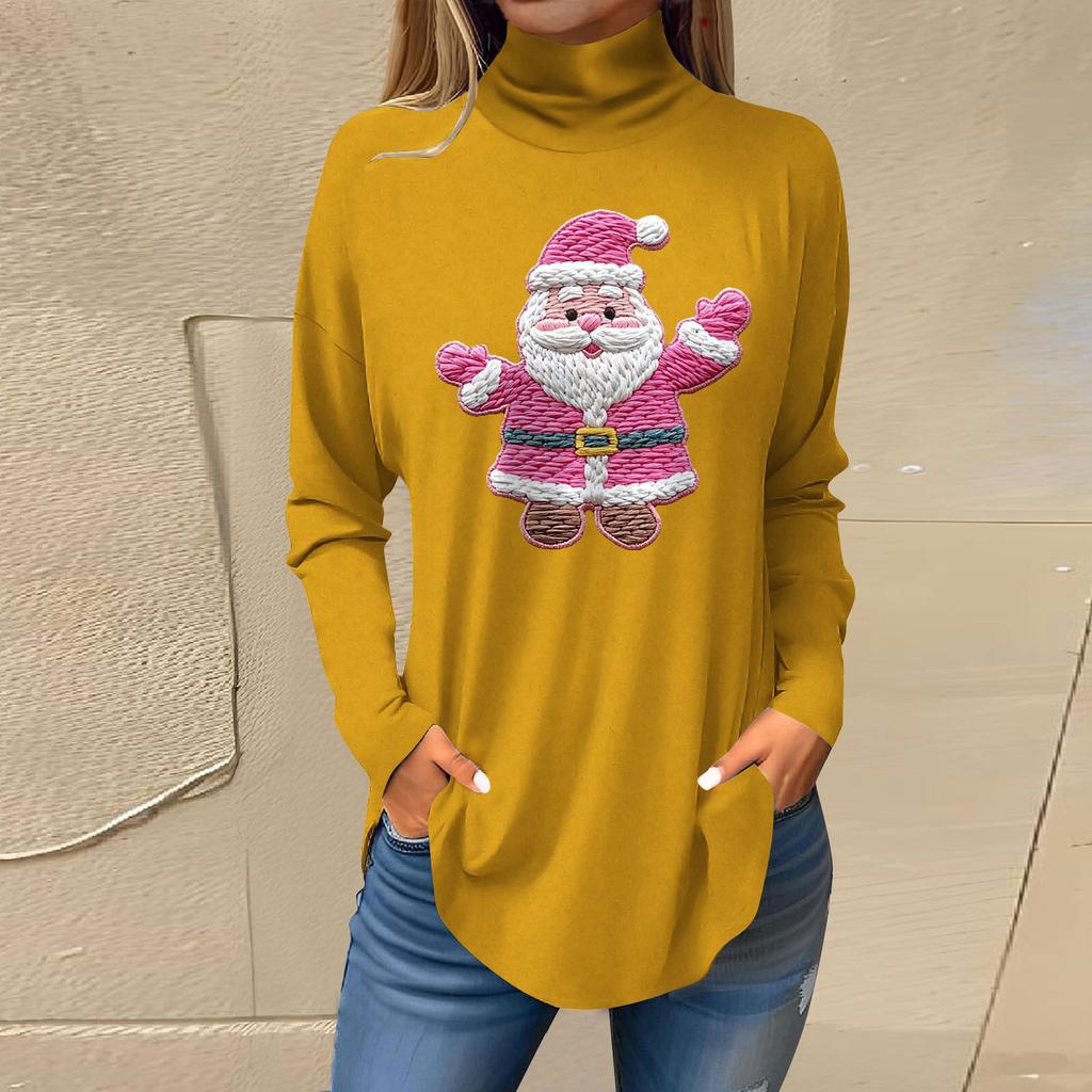 Women's Fashionable Loose-Fit High-Neck T-Shirt With Christmas Print Long-Sleeved Top