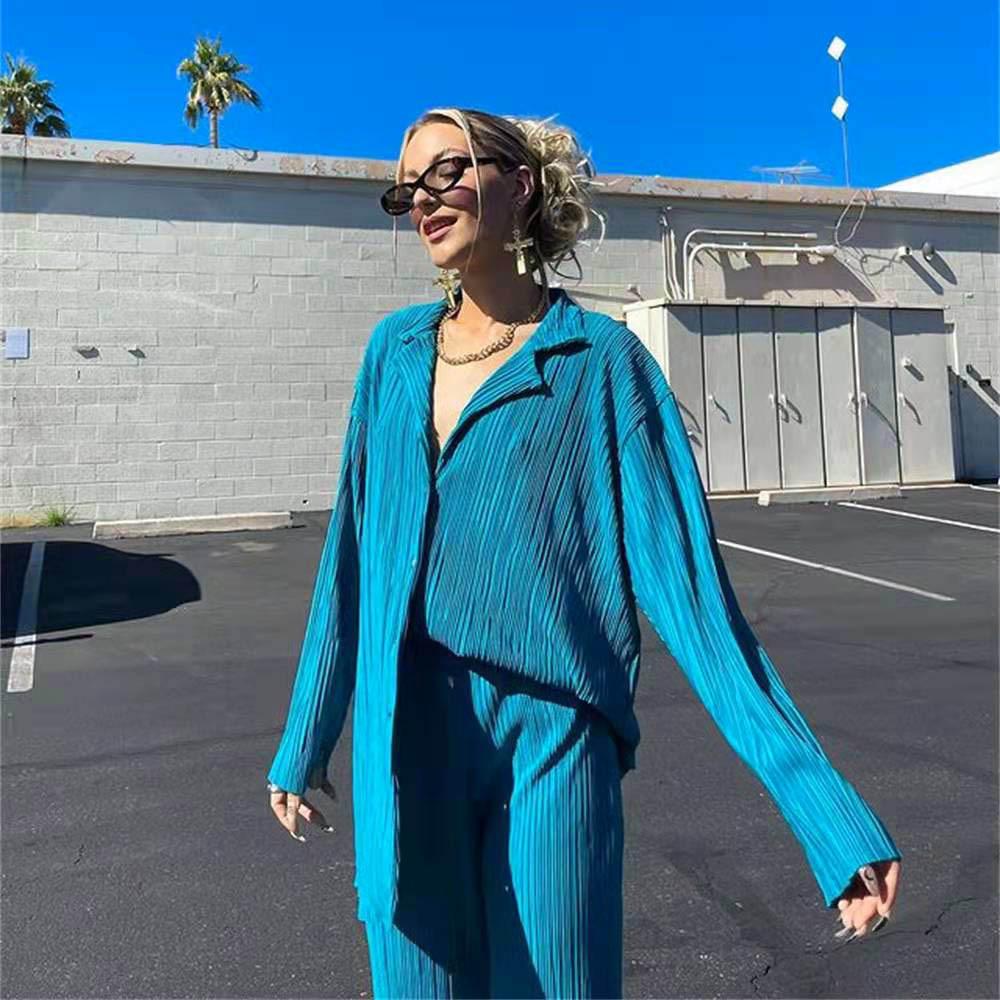 European & American Women's Solid Color Drape Pleated Casual Two-Piece Set - 2025 Spring/Autumn Collection