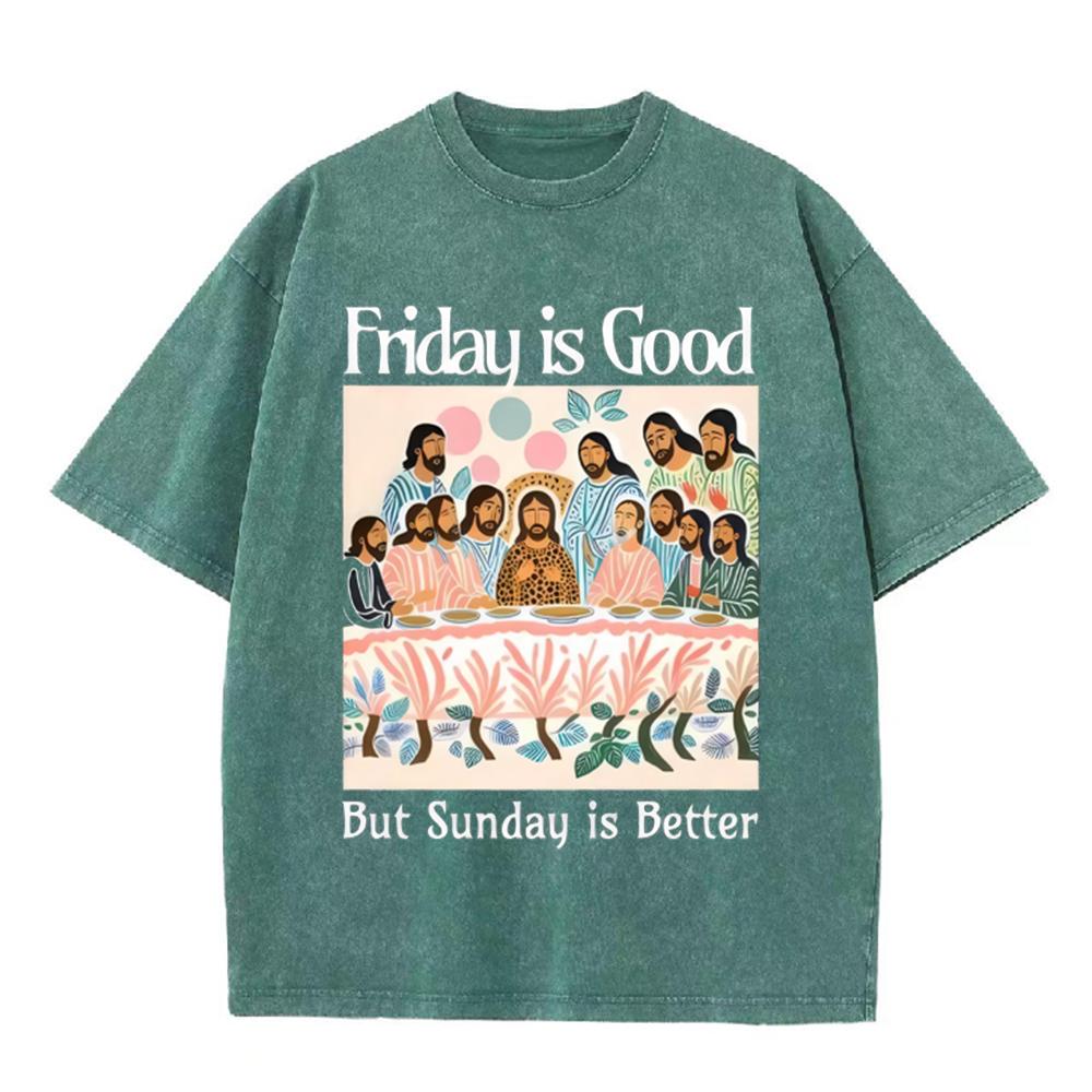 2026 Vintage Washed T Shirt Men Christian Faith Graphic Tees Friday Is Good But Sunday Is Better Casual Loose Crew Neck Short Sl