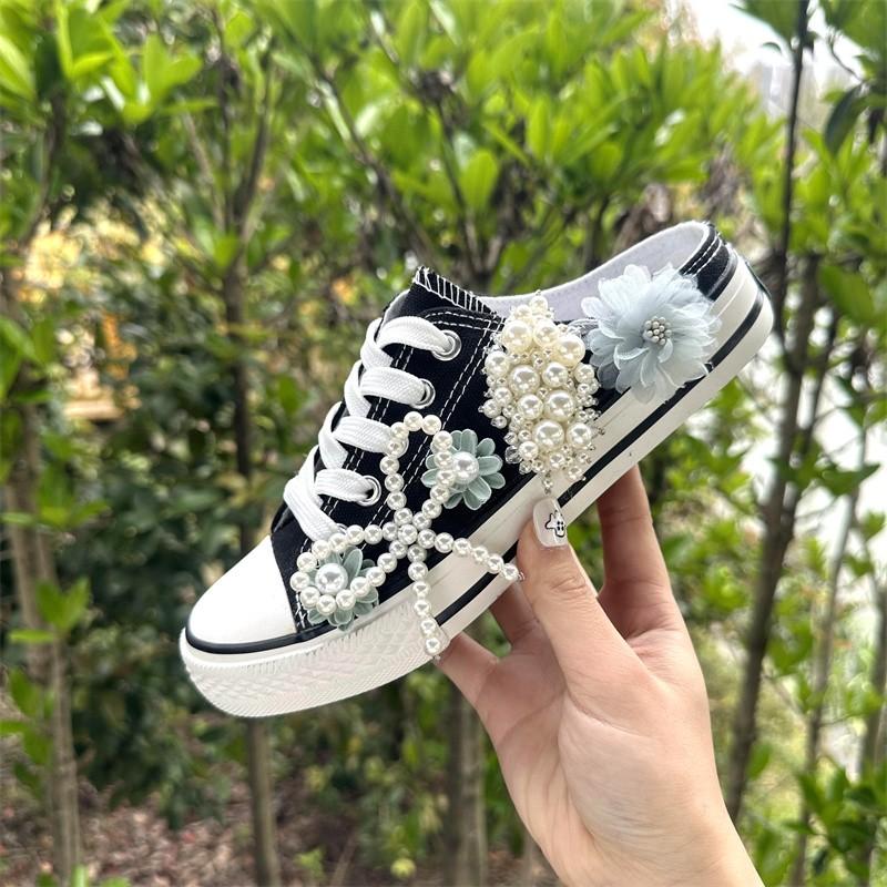 Fashion Girls Canvas Shoes Women's Spring/Autumn Casual Shoes Pearl Flower Fashion Flat Ribbon Lace-up Comfortable Vulcanized Shoes