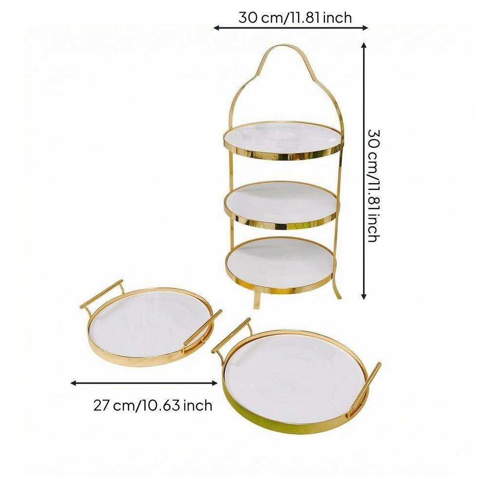 Ceramic Dessert Display with Gold Metal Frame Glossy for Afternoon Tea, Weddings