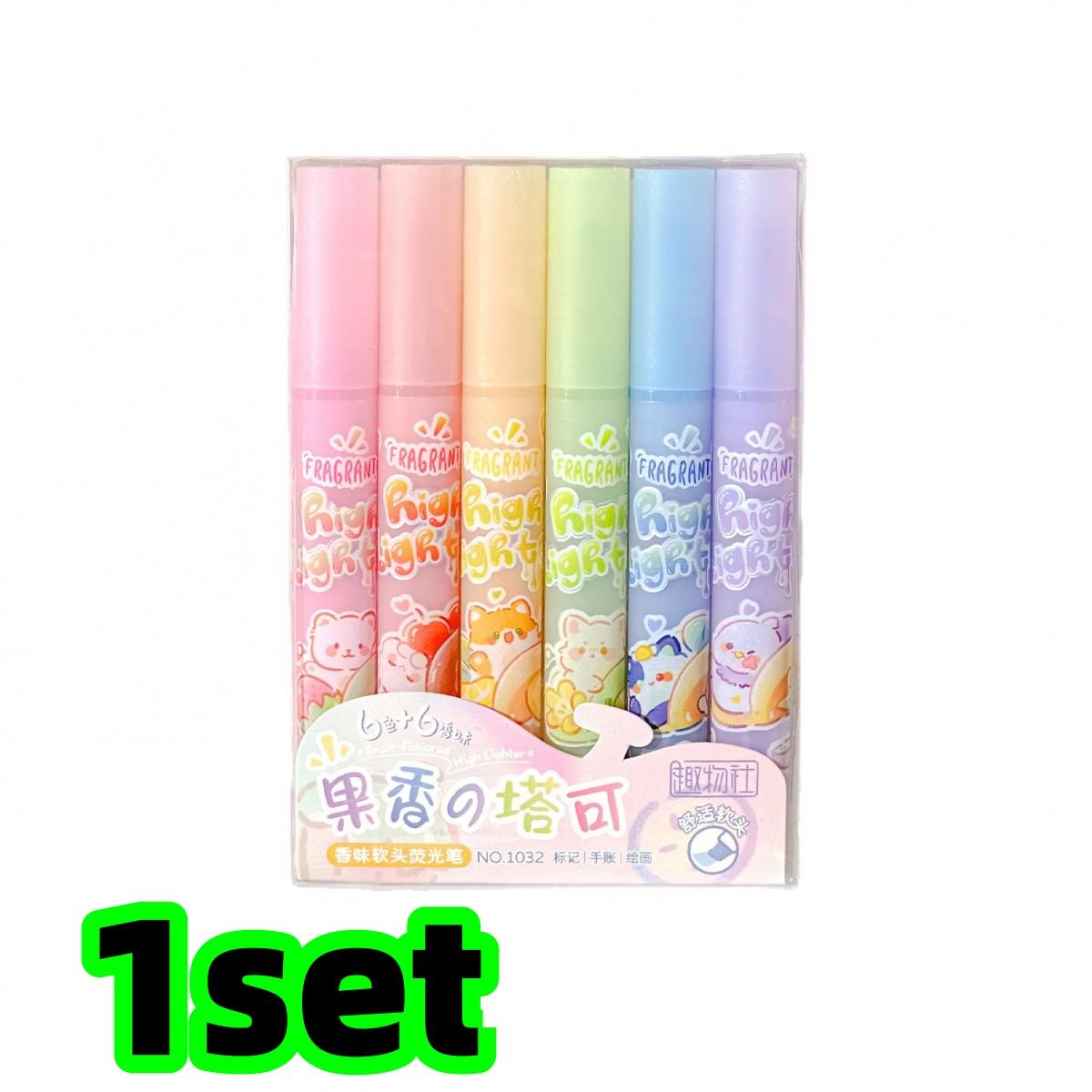 

1 Set of 6 Different Colored Fruit-Scented Highlighters, Soft Pastel Highlighters for Office Use, Non-Toxic Scented Highlighters with Be