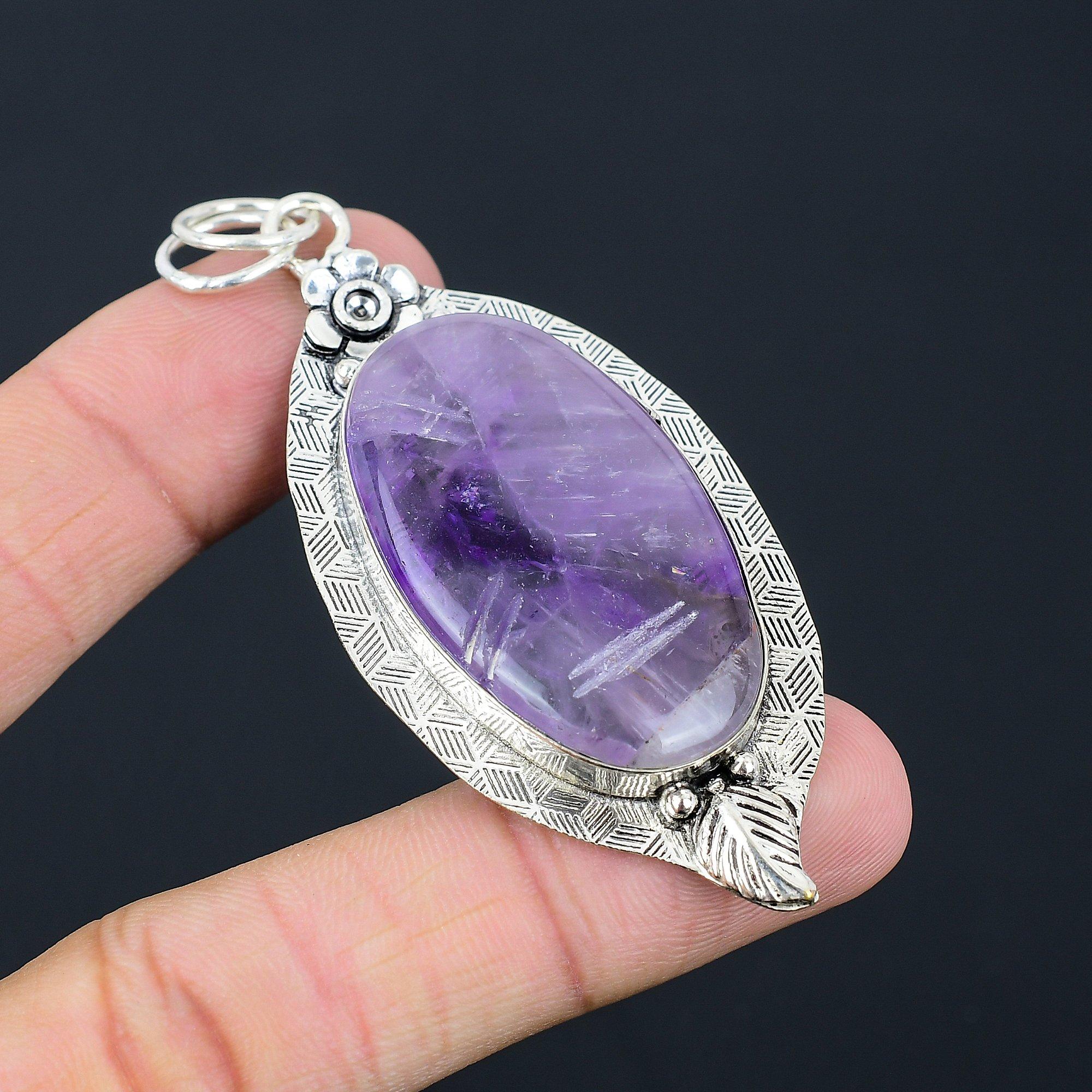 

Daughters Day Sale Sterling Silver Carved Star Amethyst Stone Pendant Jewelry