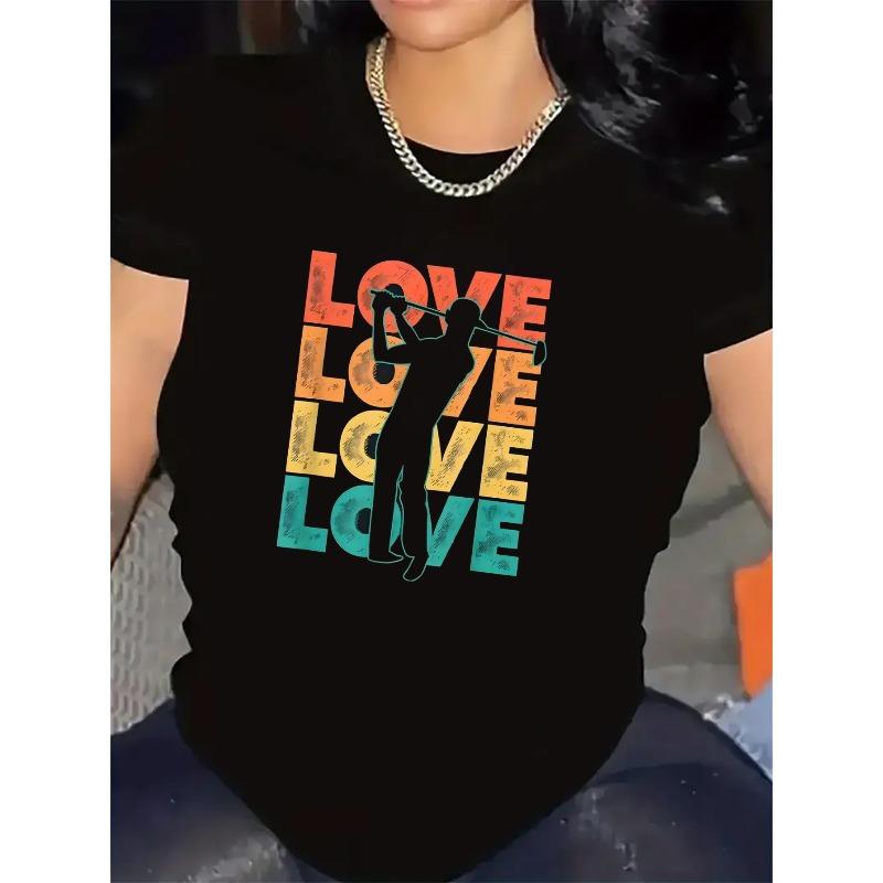 European sizes Women'S Black Short Sleeve Tee, Made of, Features a Love Print, Ideal for Casual Outings at for home Or Dining