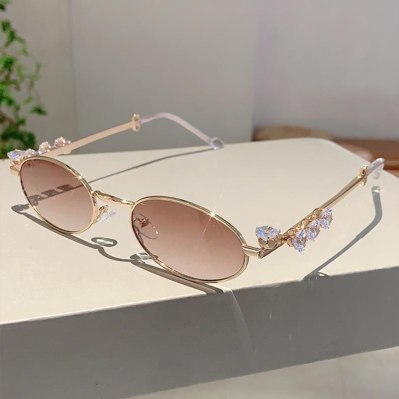 Fashion Small Oval Sunglasses Trendy Brand Designer UV400 Shine Crystal Sun Shades Glasses Decoration Women Shades