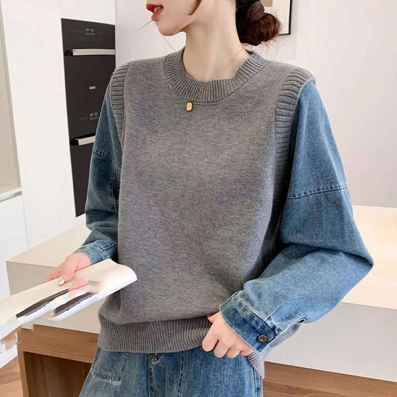 

WTEMPO О-образный вырез Поддельный двухсекционный джинсовый свитер с длинным рукавом Трикотажный топ для женщин Осень-зима Круглый вырез Свободный пуловер XXL серый