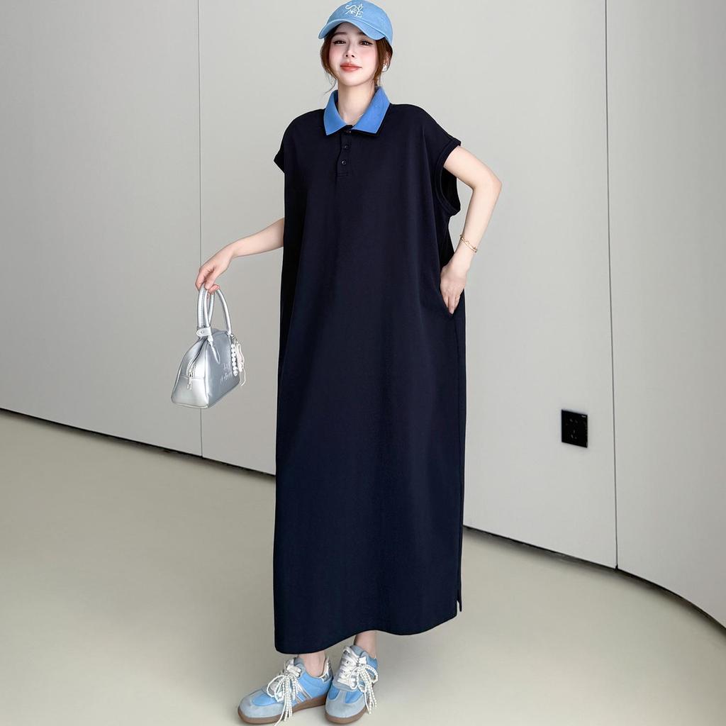 Summer Loose Cotton Polo Collar Dress - Elegant Casual Long Skirt