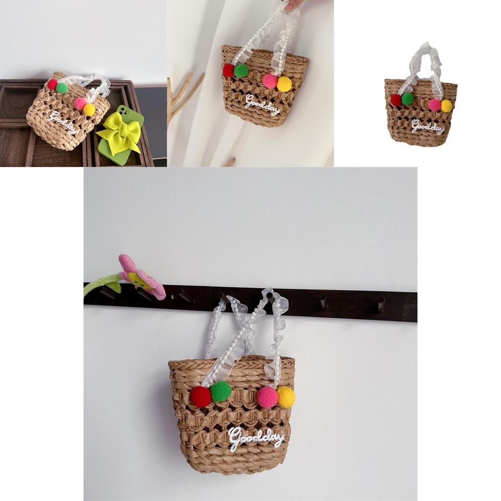 Cute Colorful Pom Pom Kids Handbag Stylish Woven Purse For Boys And Girls With Lace Trim And Pearls