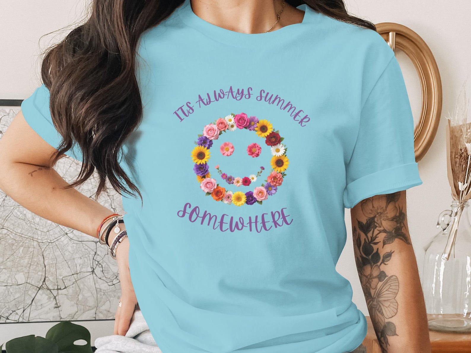 Floral Smiley Face T-Shirt, Always Summer Somewhere Tee, Happy Vibe Floral Shirt M