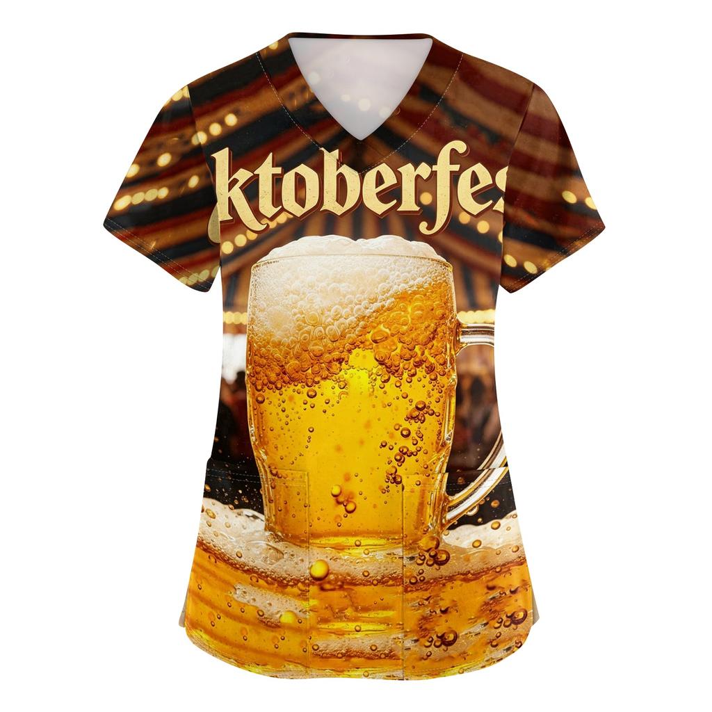 Women's V Neck Short Sleeve Work Shirt with Pockets Oktoberfest Beer Print Medical Scrub Top for Healthcare Professionals