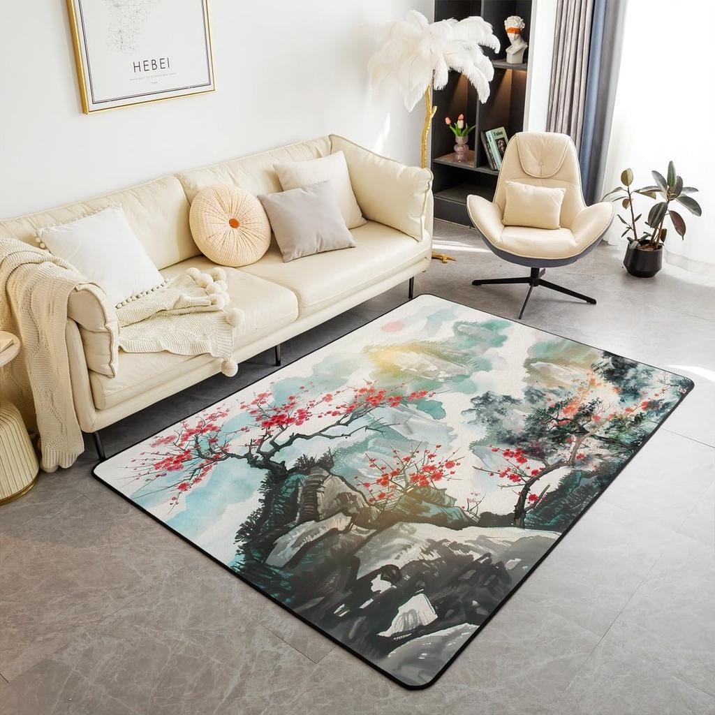 Japanese Ukiyo-e Great Wave Crane & Cherry Blossom Print Area Rug, Non-Slip Floor Mat for Living Room Bedroom Home Decor Carpet