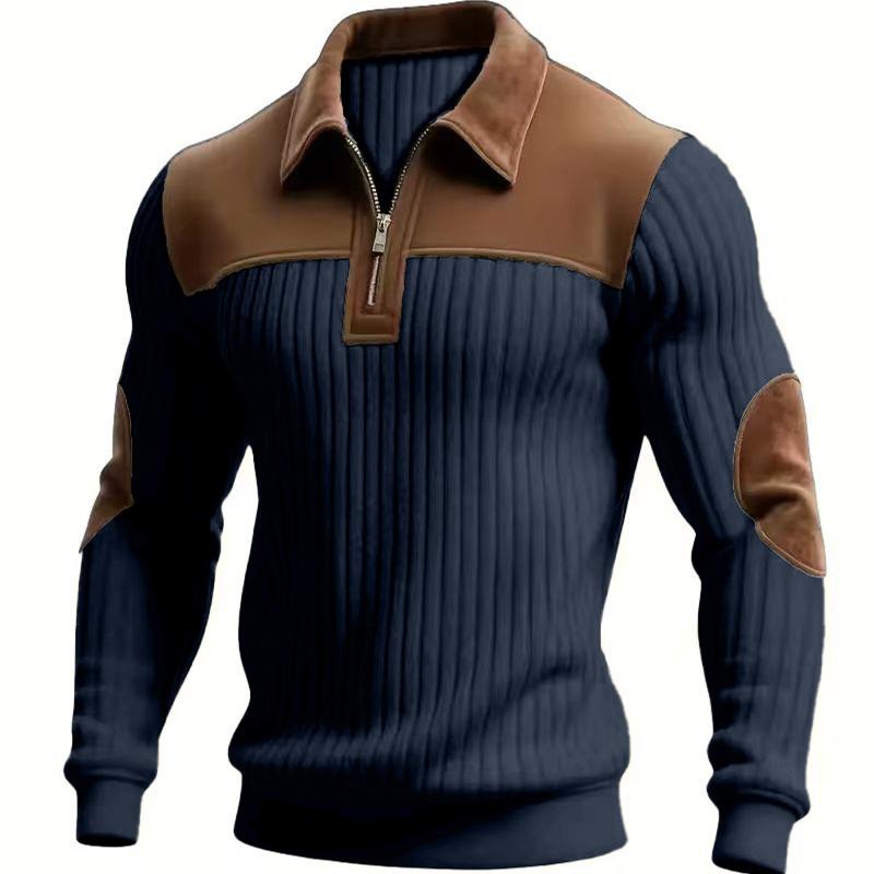 Men Quarter Zip Shirt Long Sleeve Turndown Collar Pullover Color Block Jacquard Sweatshirt with Elbow Patches for Daily Wear