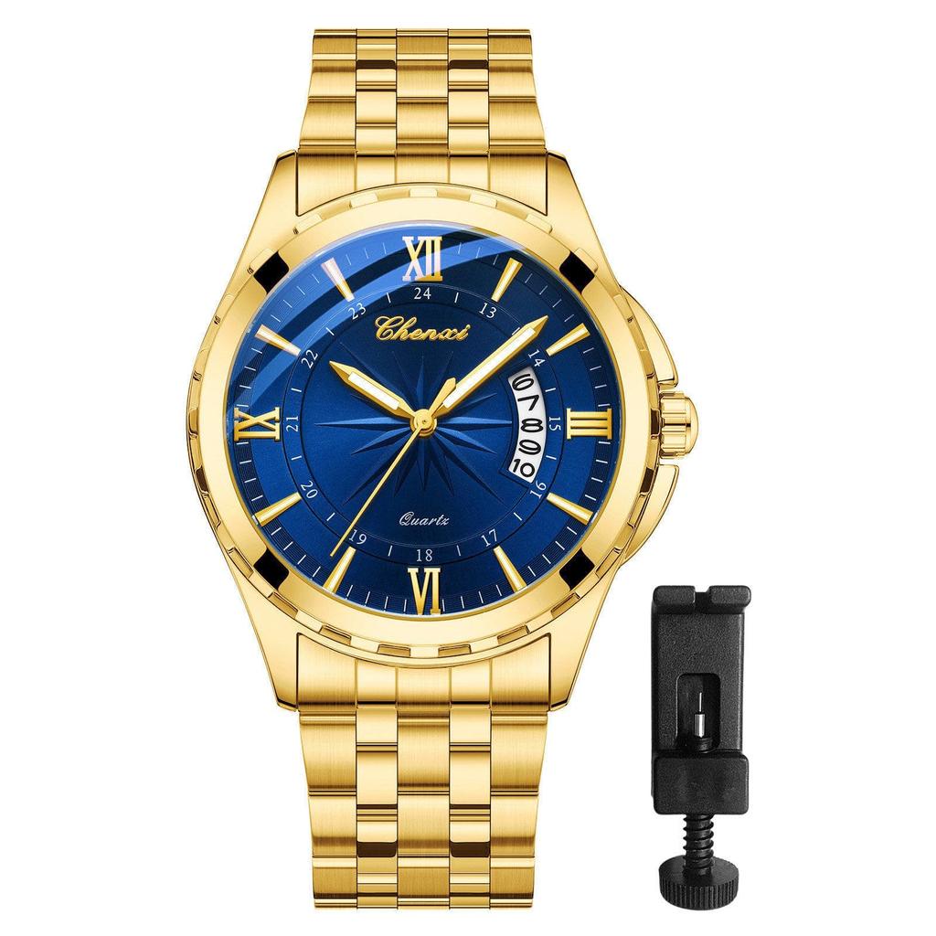 Watch Men Stainless Steel Calendar Gold 3ATM Water Resistant Luminous Analog Display Simple Fashion Quartz Watch Men Fashion Accessory - Birthday