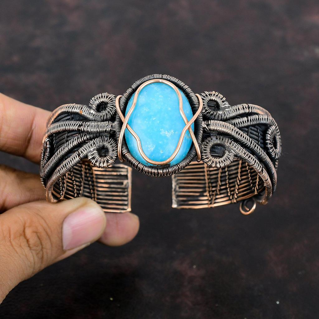 Smithsonite Copper Cuff Bracelet Copper Wire Wrapped Bangle Natural Gemstone Cuff Adjustable Bangle Handmade Copper Jewelry Anniversary Gift