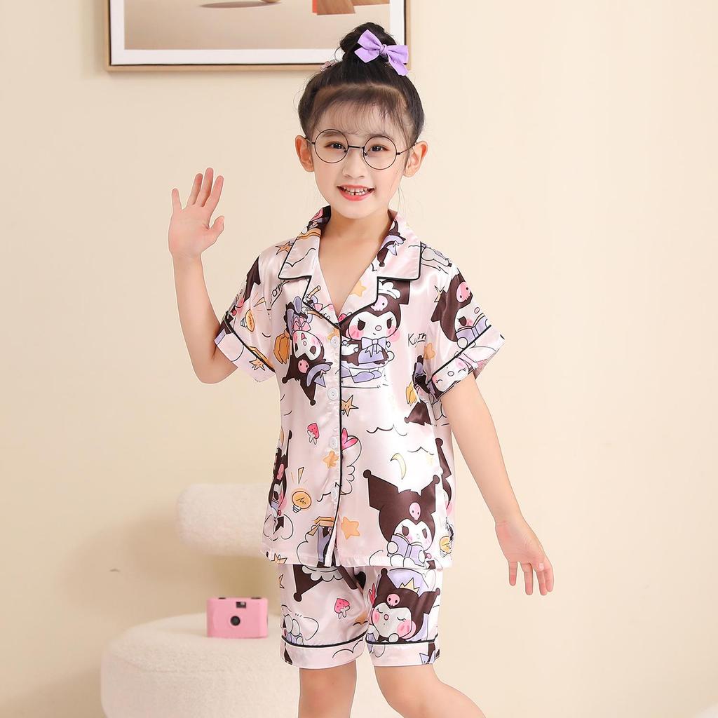 Ice Silk Summer Pajamas Set for Kids - Short Sleeve & Long Pants