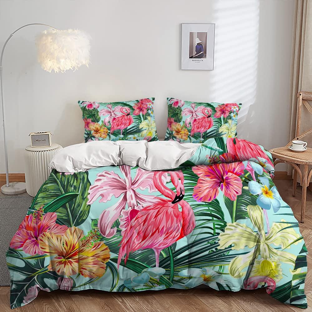 Flamingo Duvet Cover Set Tropical Animal Pattern King Bedding Set Girls Pink Floral Quilt Cover Queen Full Comforter Covers 3Pcs