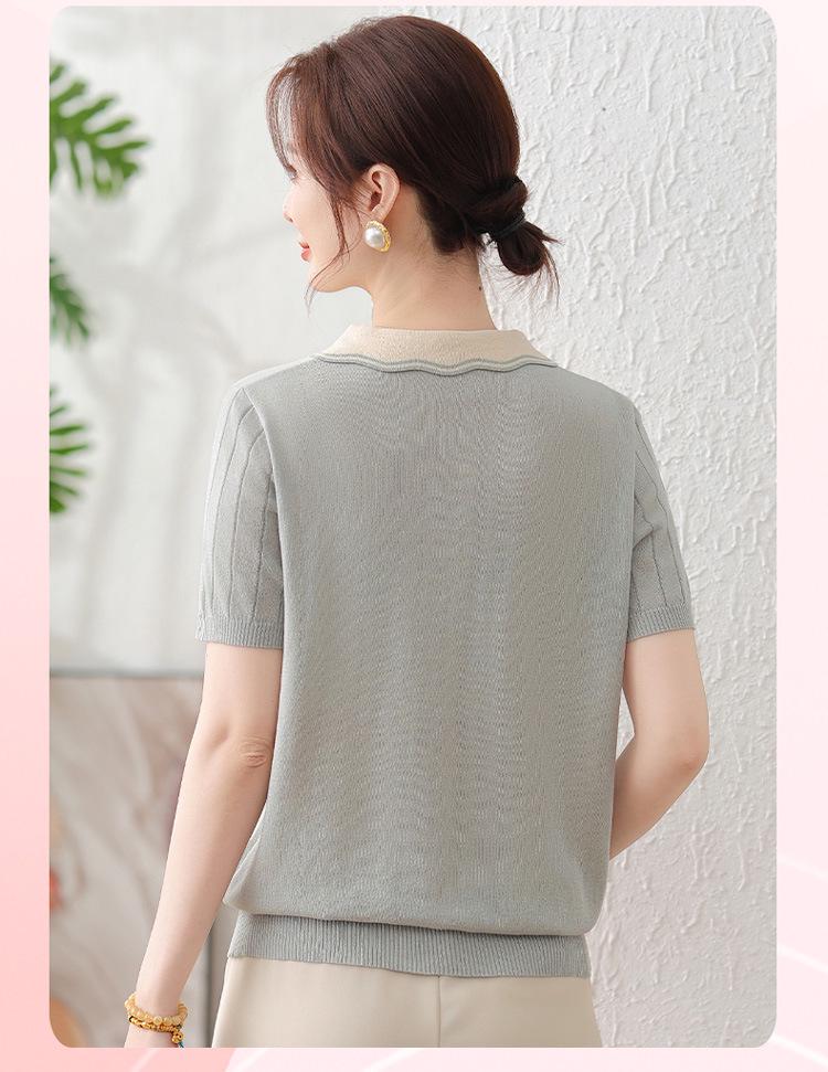 Mother's Day Stylish Ice Silk Short-Sleeve Lapel Blouse for Middle-Aged Women