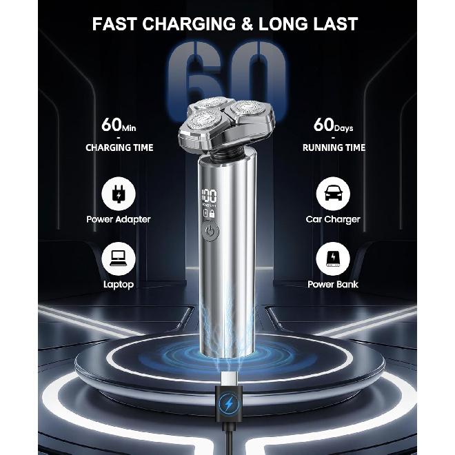 Rasoio Elettrico per Uomo, Motore ad Alta Velocità 10.000RPM, Impermeabile IPX8, Ricarica Rapida USB, Ricarica Rapida 5 Minuti e Blocco da Viaggio