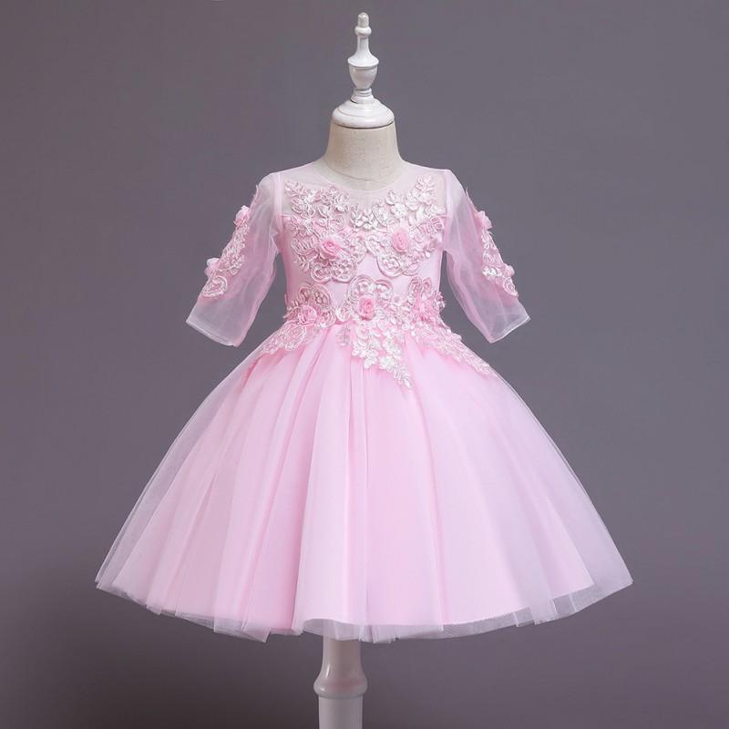 Girls Party Dress Short Sleeve Lace Trim Princess Gown Kids 3-8 Years