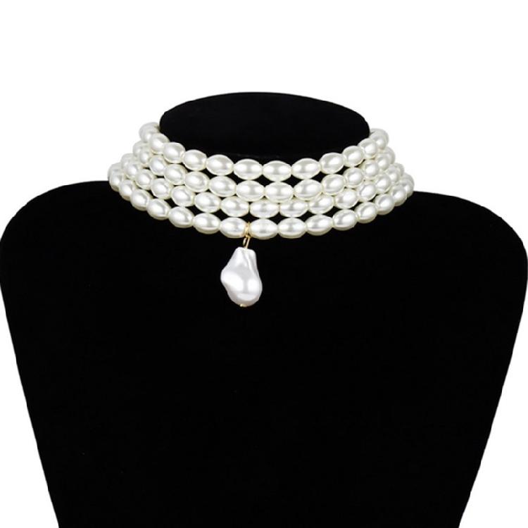 Simulated Pearl Necklaces Statement Bridal Choker Multi-Layer Pearl Necklace