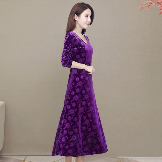 Kadın Sonbahar Kış Elbise V Yaka Kalın A-line Slim Fit Uzun Kollu Vintage Aplike Baskılı Orta buzağı Uzunluğu Bayan Midi Elbise