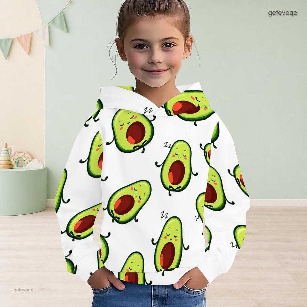 Girls Long Sleeve Hooded Pullover Cartoon Avocado Printed White Casual Sweatshirt