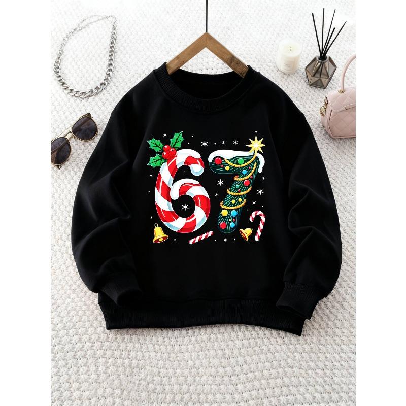 Girl's Round Neck Sweatshirt with Creative Number 67 Pattern, Candy Cane and Christmas Tree Elements, Kids' Top
