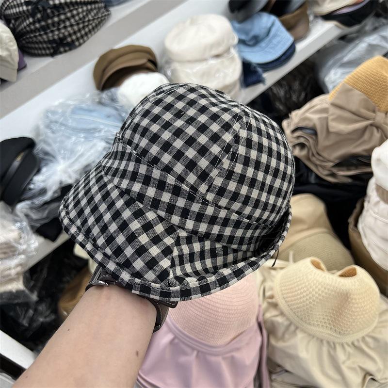 New cornice bow plaid fisherman's hat children's cotton and linen light breathable basin hat showing a small face versatile bucket hat