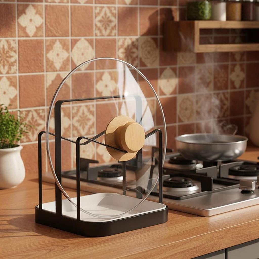 Pan Lid Holder with Removable Drip Tray Space Saving Kitchen Organizer Cabinet Storage for Stove Countertop, Home Kitchen