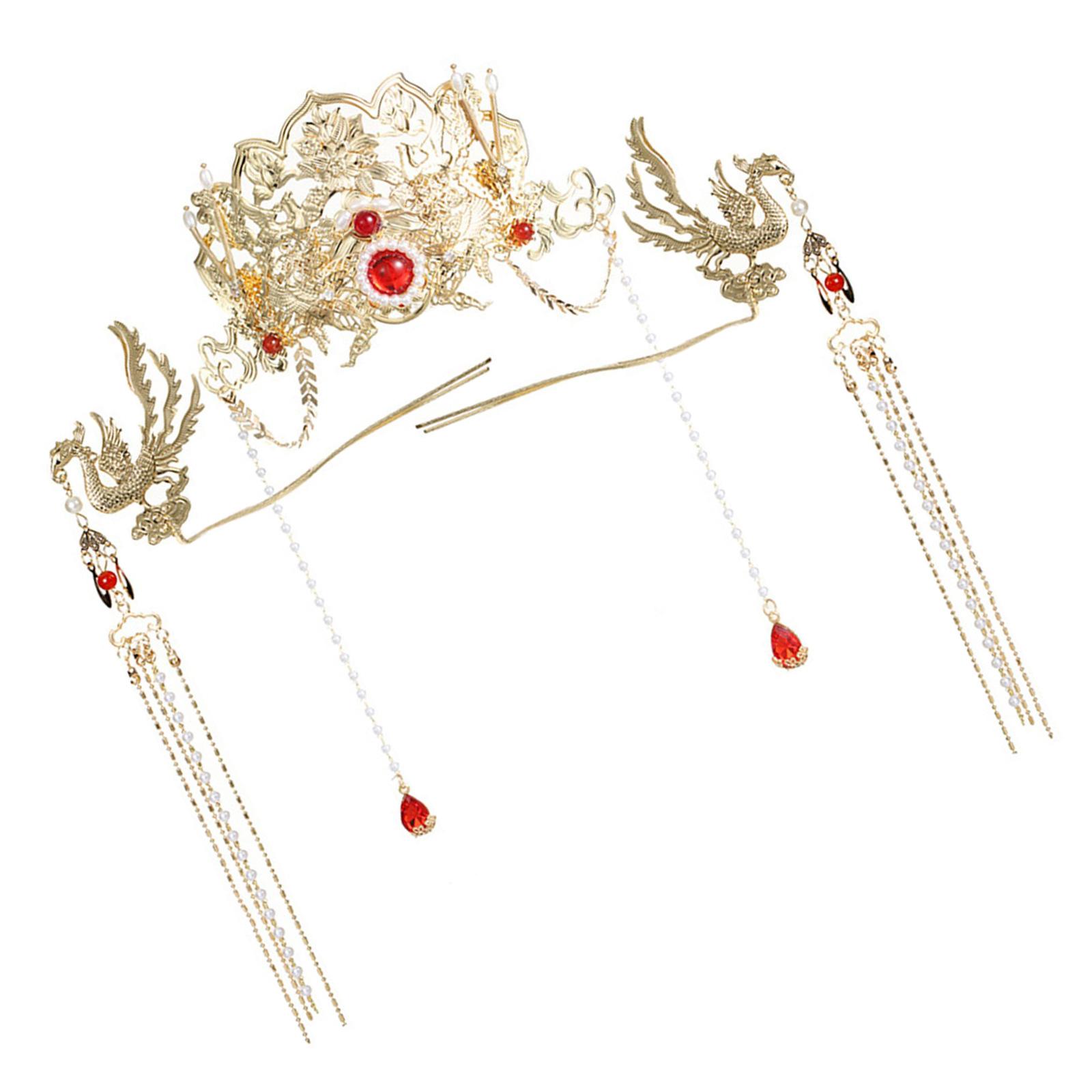 

Изготовленный вручную головной убор для невесты в виде короны красного феникса с изысканными кисточками, идеально подходящий для традиционной китайской свадьбы