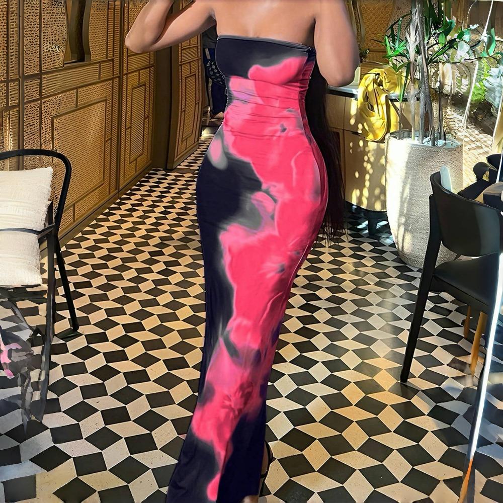 

LYRIA Сексуальное Макси-платье-труба без бретелек с принтом для женщин, с открытыми плечами, без спинки, стрейч, длинный сарафан, летняя пляжная одежда Y2K S