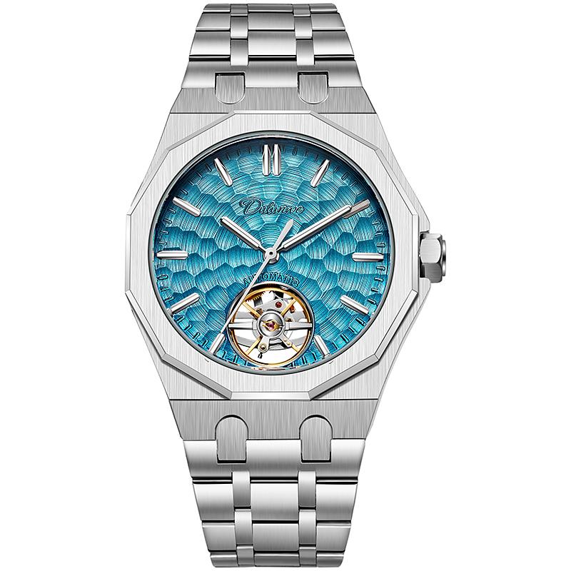 Luxury Octagon Automatic Watch for Men Textured Blue Dial Hollow Mechanical Wristwatch Steel Waterproof Tourbillon Mens Watch
