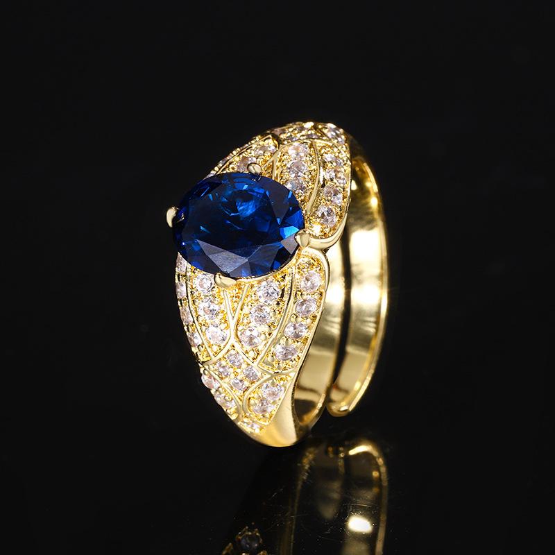 Bijou Fond Cuivre Plaqué Or Corindon de Simulation Tempérament Forme d'Œuf Bague Dorée Femme 7 * 9