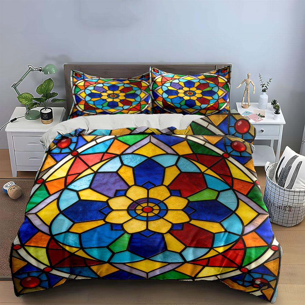 Colorful Geometric Stained Glass Décor Set Comfortable Duvet Cover Bedding Set Included 1*Duvet Cover & 2*Pillowcases, Gift