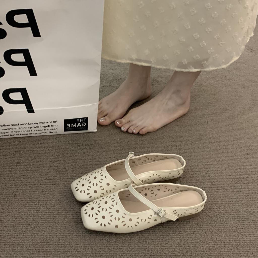 French niche hollow Birkenstock half slippers women's outer wear 2025 summer with skirt gentle evening breeze bag head sandals