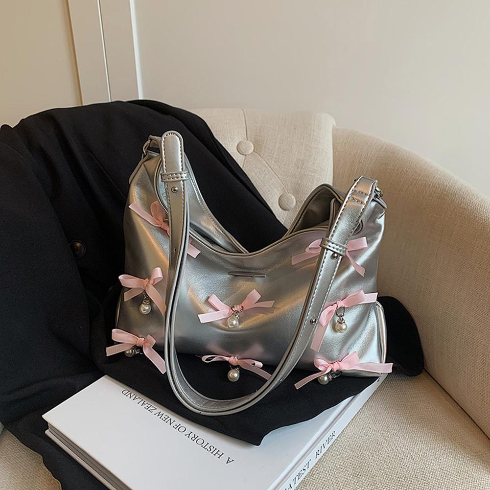 

Милая сумка на плечо с жемчужным бантом, сумка из искусственной кожи под мышками, милая модная сумка с регулируемым ремешком для женщин и девочек