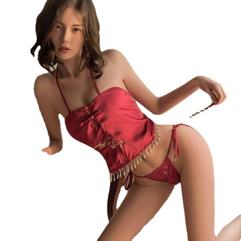 Sexy Lingerie Ladies Sexy Court Retro Belly Pocket Lace-up Teasing Three-point Pajamas Uniform Set H