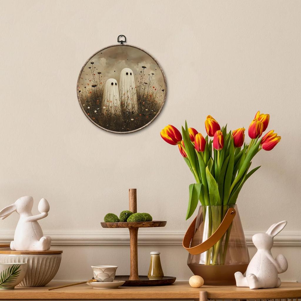 EGVQK Vintage Halloween Ghost Round Wall Art, Moody Wildflower Spooky Ghost Framed Canvas Prints Wall Art, Halloween Round Canvas Hanging Walls Decor