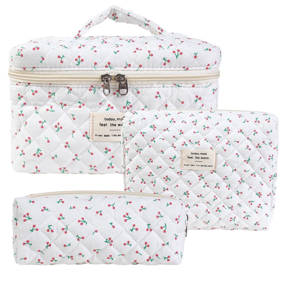 Large-Capacity Quilted Cotton Floral Makeup Bag - Portable and Cute for Travel or Student Use