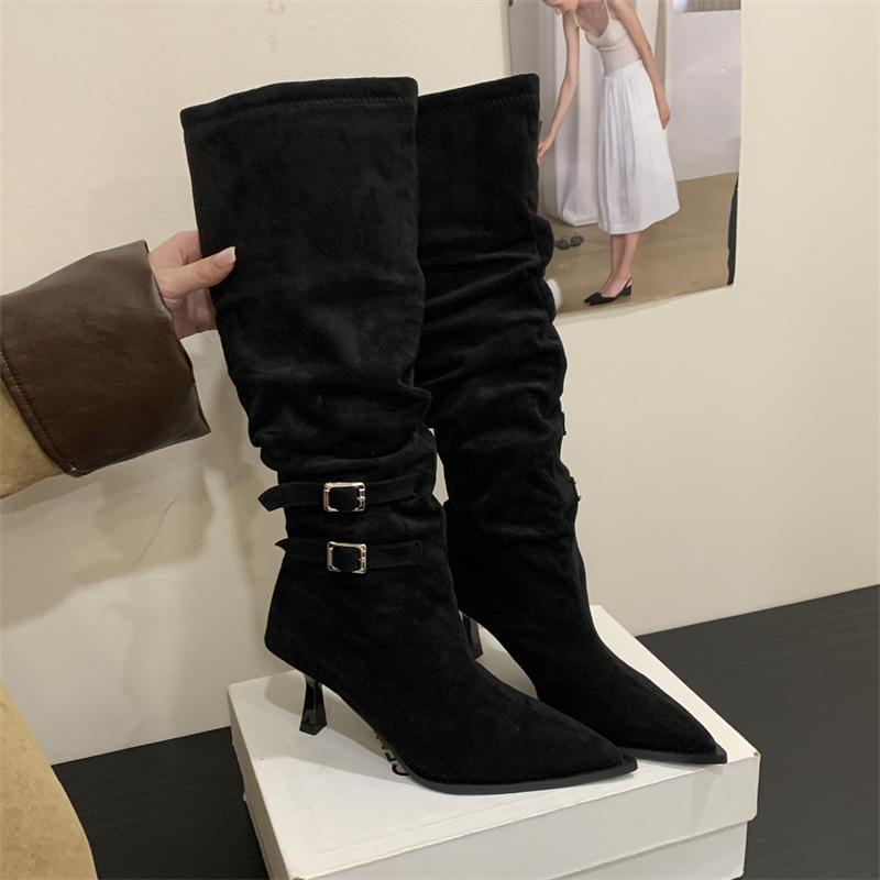 Rich Long Boots Retro Pointed Belt Buckle High Heel Wrinkled Long Boots Women's Autumn and Winter Suede Cowboy Stacking Boots
