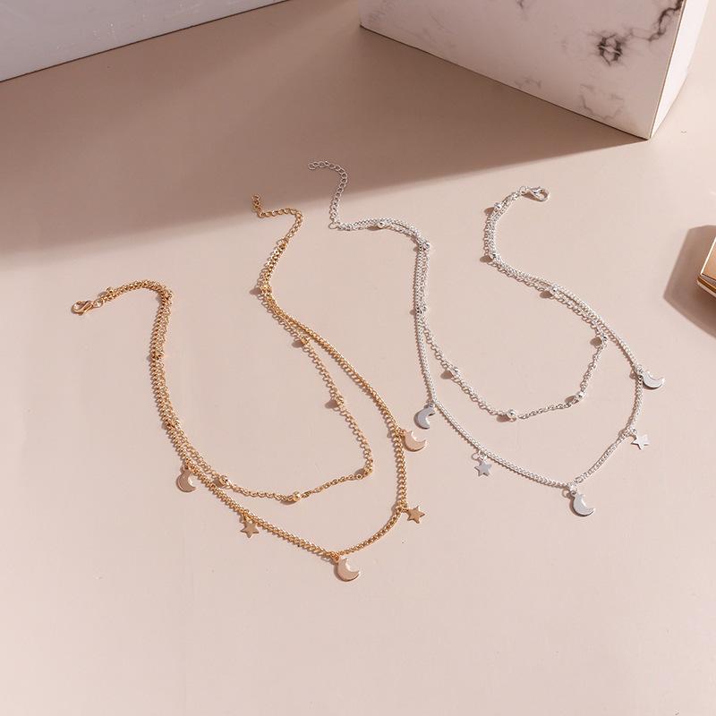 Korean Double Layer Beaded Necklace with Moon and Star Charm
