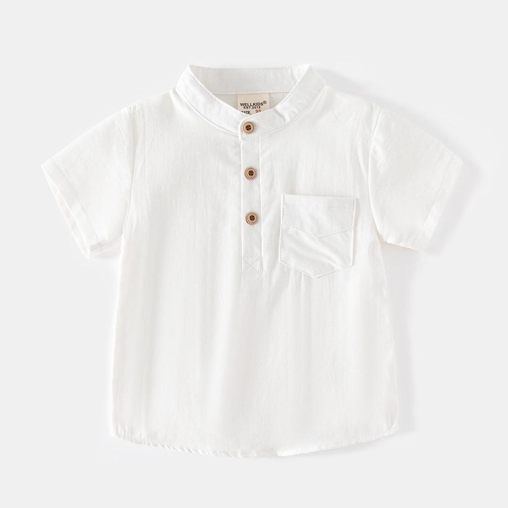 2024 Boys' Stand-Collar Short-Sleeve Cotton Shirt - Summer Outdoor Style, Skin-Friendly, Sweat-Absorbent, Comfortable