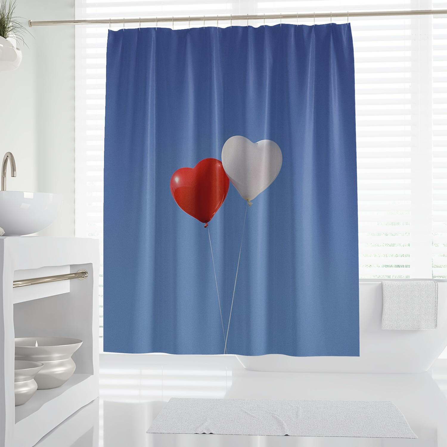 

1Pc Romantic Heart Balloon Shower Curtain - Blue Polyester, Machine Washable, All-Season Artistic Design With Red & White Heart W60H190(CM)-1 Pcs