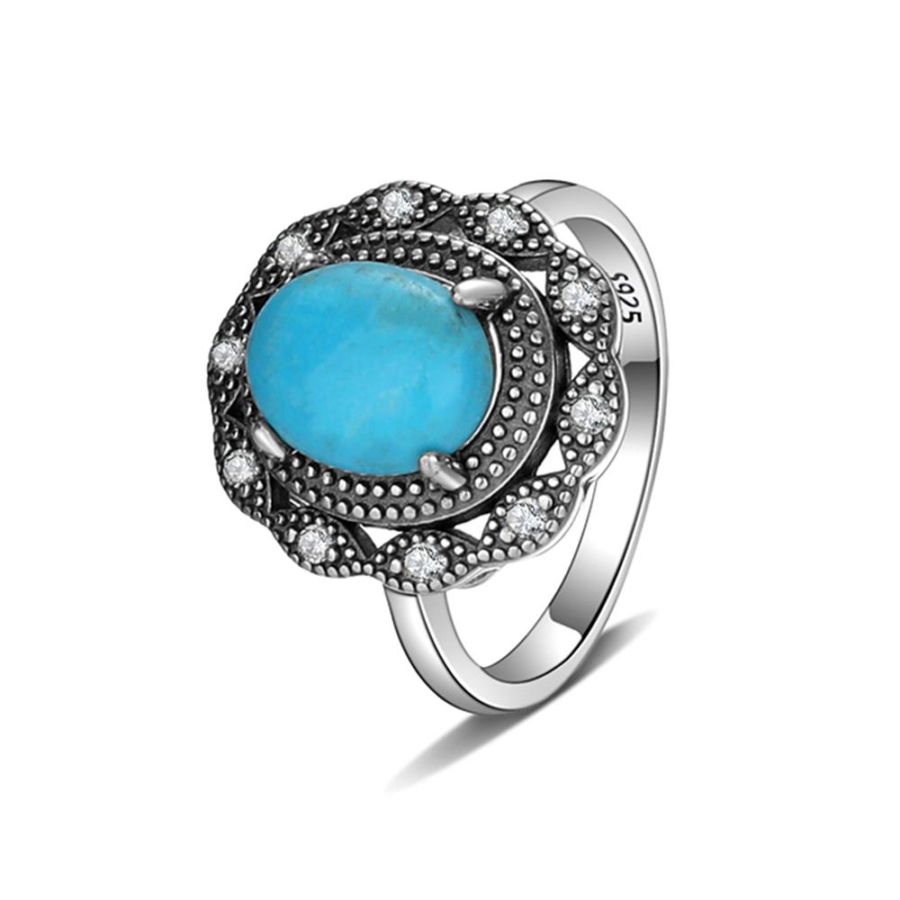 S925 Silver Oval Natural Turquoise Ring for Men and Women