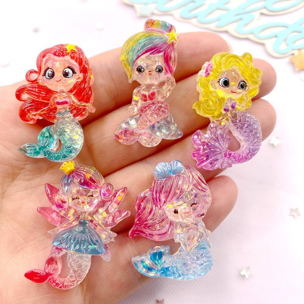 Resin Colorful Cartoon Glitter Mermaid Princess Girl Flatback Christmas Figurines 10PCS Scrapbook DIY Bow Accessory Decor Crafts