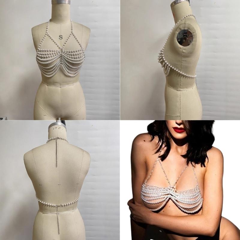 Pearls Body Chain Multilayer Chest Chains Festival Raves Body Chain Harness Body Accessories Jewelry for Women Girls