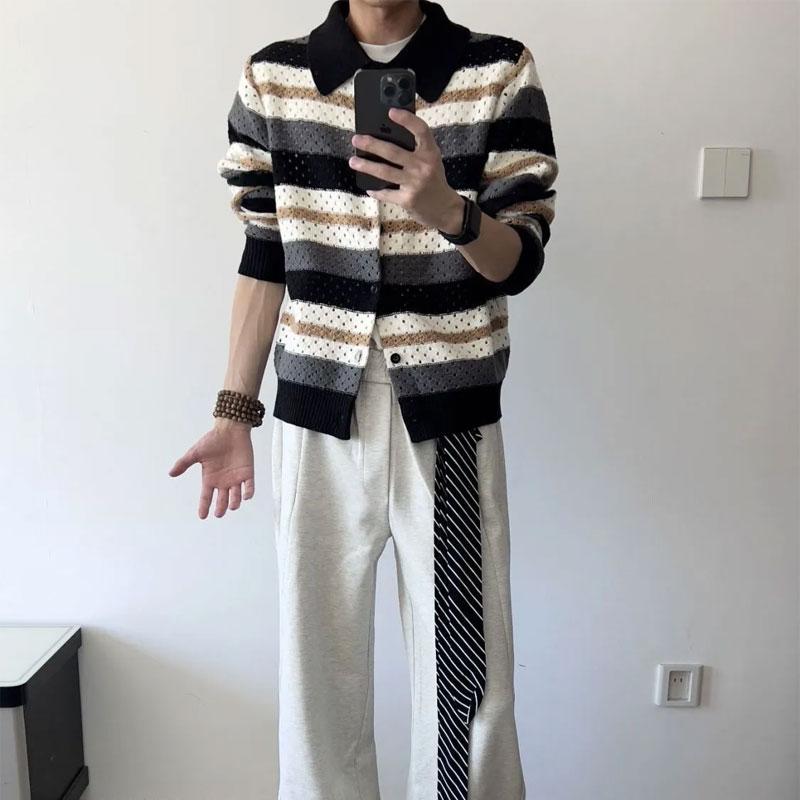 Korean Striped Contrasting Colors Sweaters Men's Clothing Fashion Hollow Out Autumn Winter Vintage Polo-Neck Knitted Cardigan