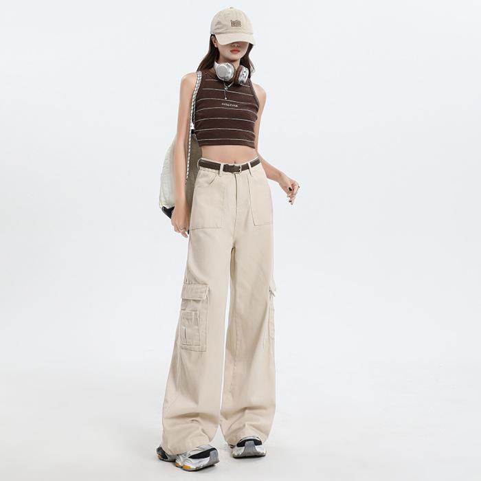 [Apricot Tooling] High Waist and Thin Loose Wide Leg Multi-pocket Tooling Pants, Trousers and Extended