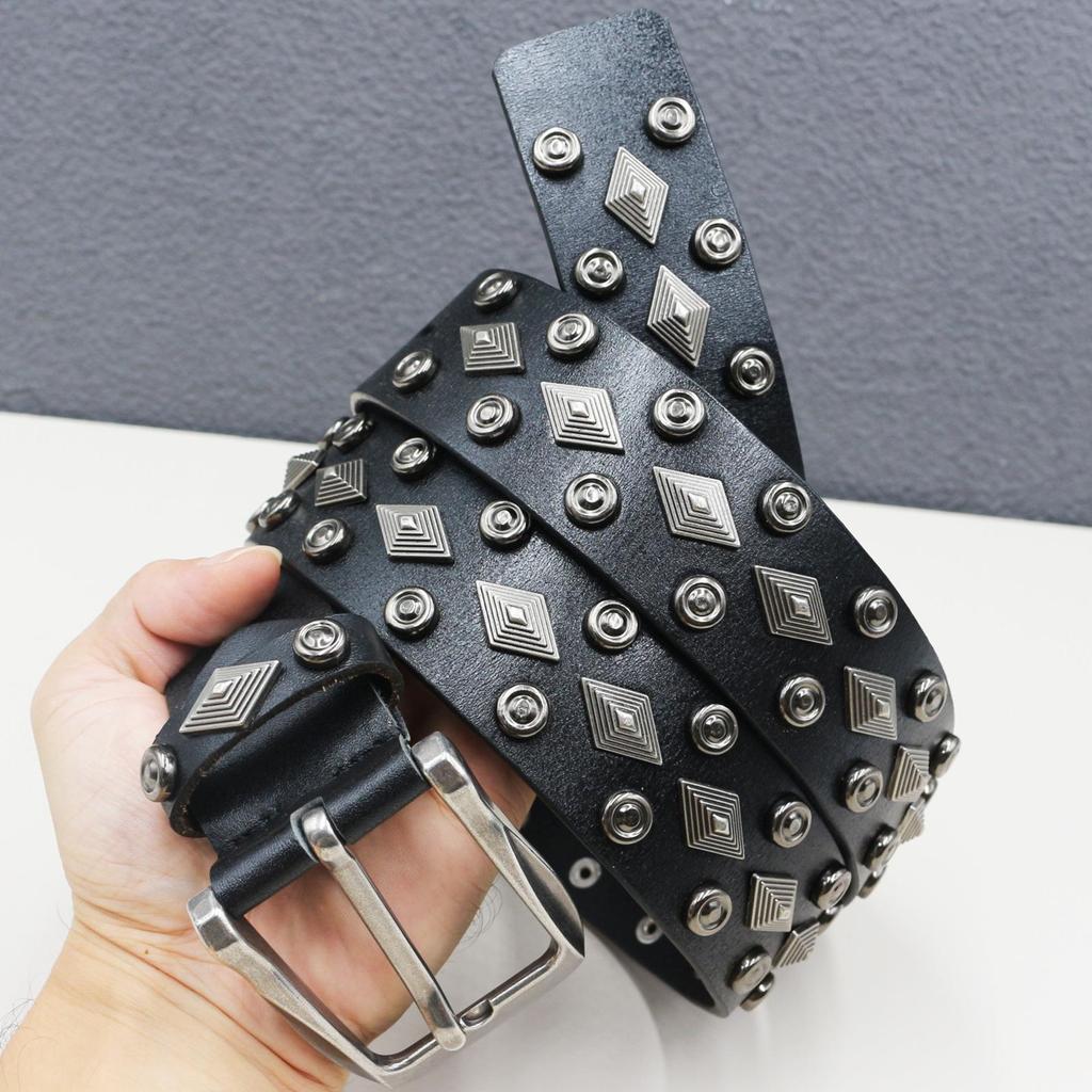 Genuine Cowhide Western Rivet Leather Belt with Diamond Gothic Accessories - Y2K Style
