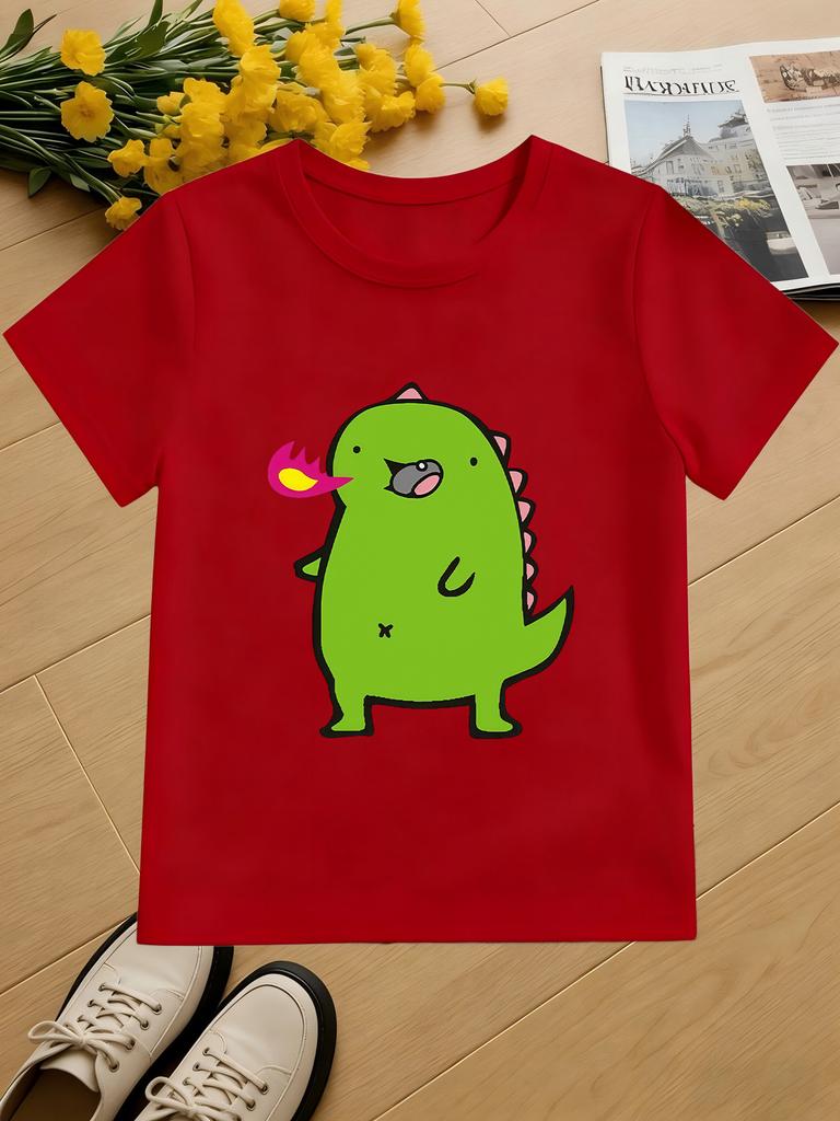 Cute Green Spitting Fire Dinosaur Cartoon Animal Graphic Kids T Shirt Boys Girls Family Matching Summer Crew Neck Casual Tee